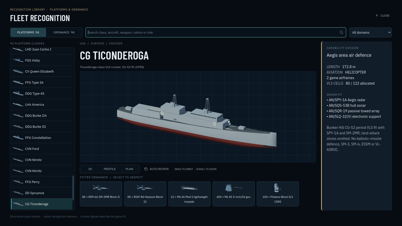 The fleet recognition library showing a 3D model with its capability dossier